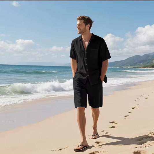 Blusa preta de Linho Botão + Shorts Linho
