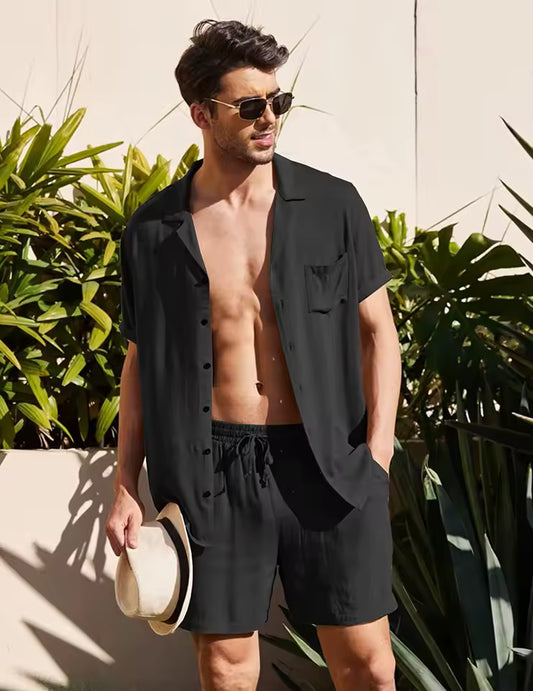 Blusa preta de Linho Botão + Shorts Linho