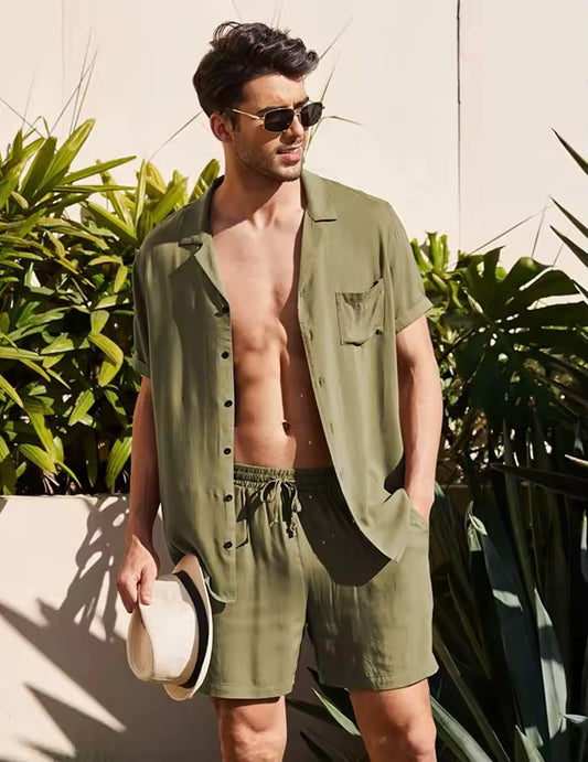 Blusa verde de Linho Botão + Shorts Linho