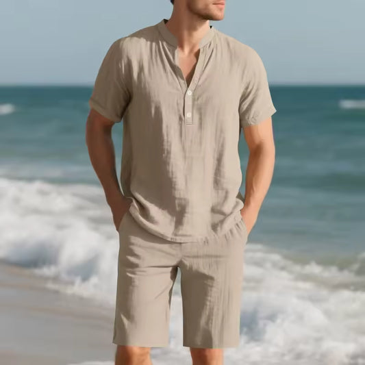 Camisa Henry Linho bege de Linho Botão + Shorts Linho
