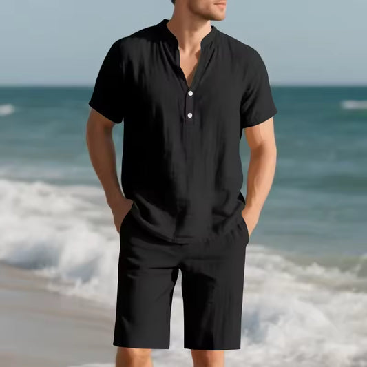 Camisa Henry Linho preta de Linho Botão + Shorts Linho