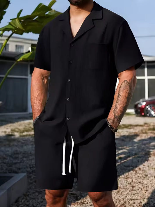 Camisa Casual praia Linho preta Botão + Shorts Linho