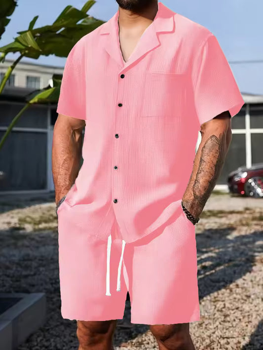 Camisa Casual praia Linho rosa Botão + Shorts Linho